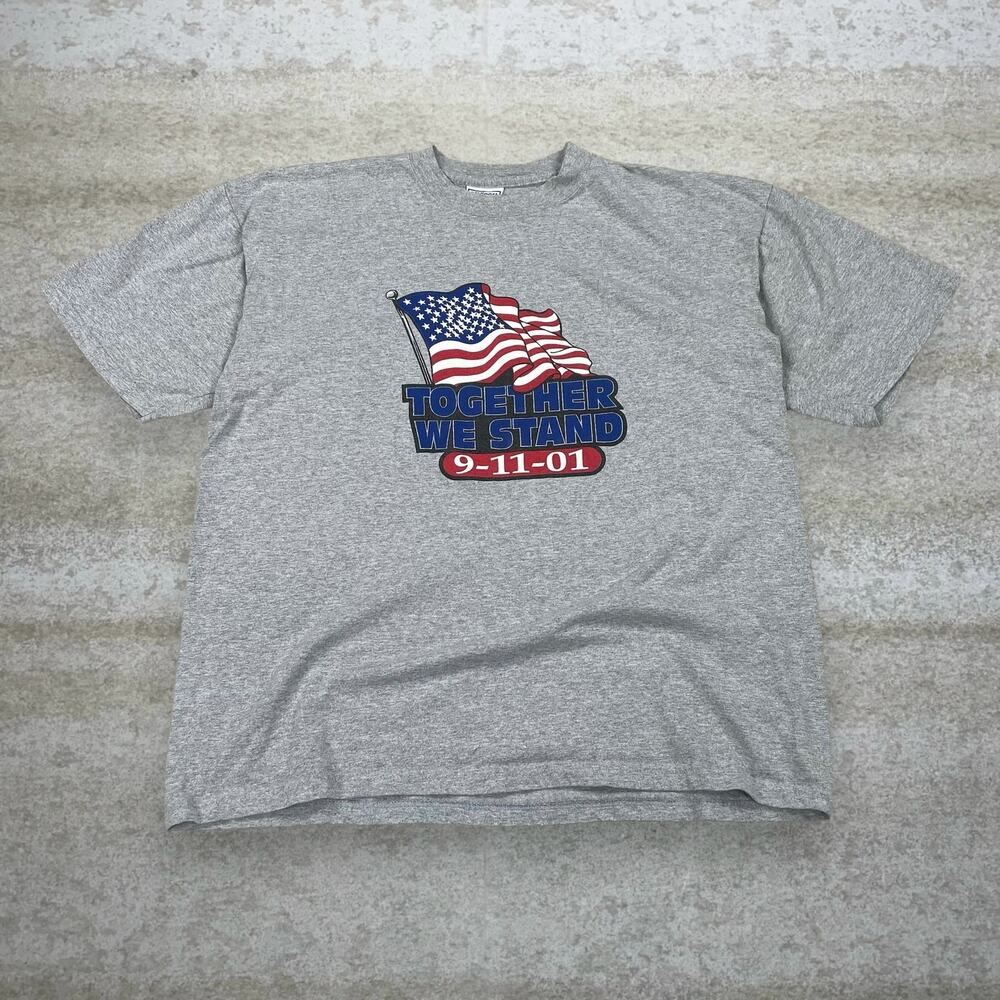 Vintage Y2K 9/11 Shirt Mens XL Grey Cotton New York Made in USA Short Sleeve